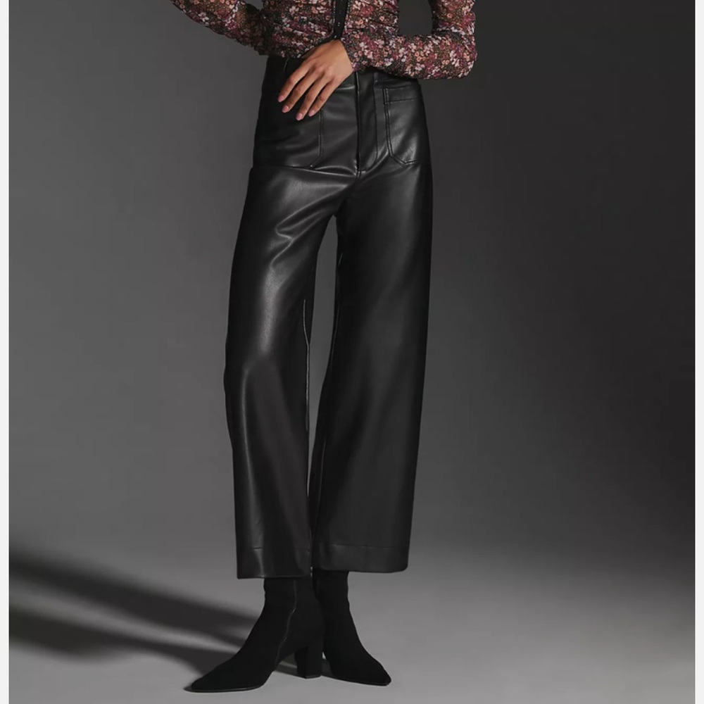 Maeve Black Wide-Leg Faux Leather Crop Pants